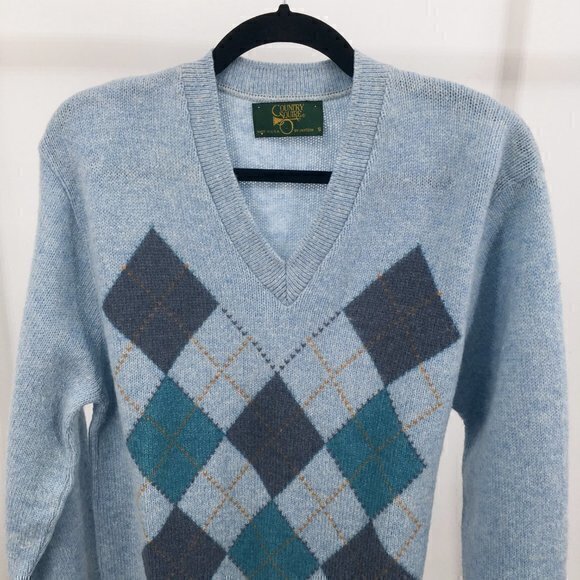 Unisex VTG Argyle Sweater Baby Blue/Navy/Teal Men's S/Women's M - Picture 4 of 15